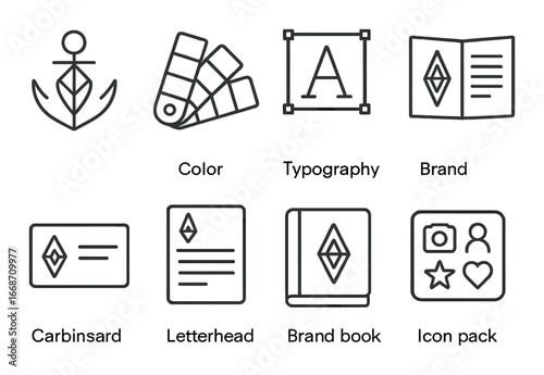 Minimalist design icons featuring anchor, typography, and brand elements