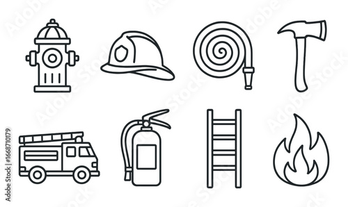 Firefighter equipment icons: hydrant, helmet, hose, axe, truck, extinguisher, ladder, flame