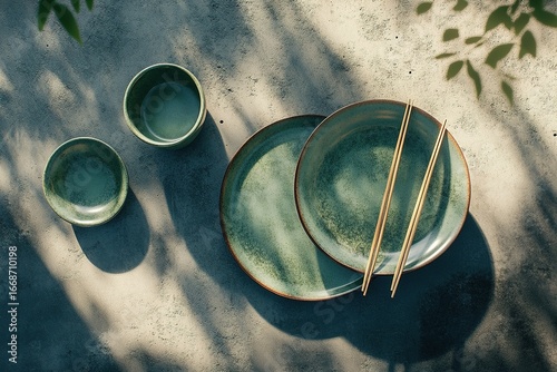A Top-Down View of Green Ceramic Tableware with Chopsticks