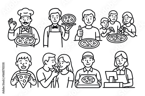 Cartoon characters enjoying pizza in various fun situations
