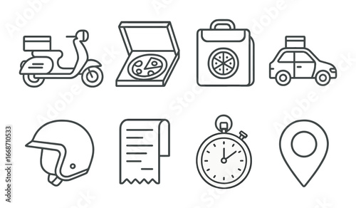 Food delivery icons set: scooter, pizza box, car, helmet, receipt, stopwatch, location pin