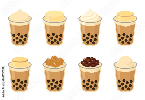 Assorted bubble tea drinks with various toppings in transparent cups