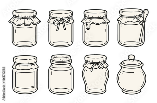 Hand-drawn set of eight vintage jars with decorative lids and borders