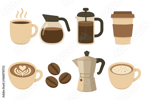 Assorted coffee elements: cups, beans, french press, moka pot, and coffee art