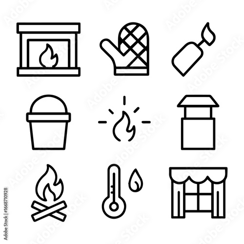 Winter Warmth Icons Fireplace Oven Mitt Candle and Cozy Home Elements.