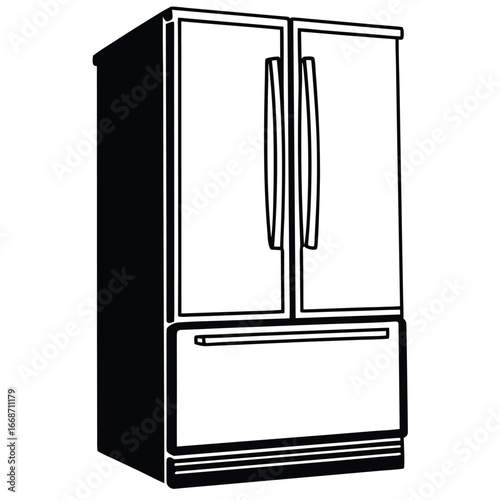 Modern refrigerator with double doors and bottom freezer in a bright kitchen setting