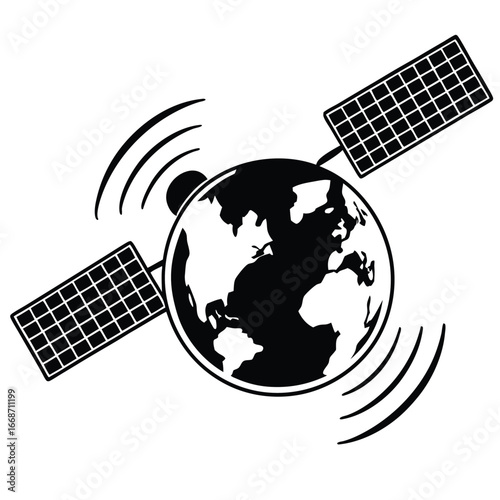 Illustration of a satellite orbiting Earth, showcasing solar panels and communication waves