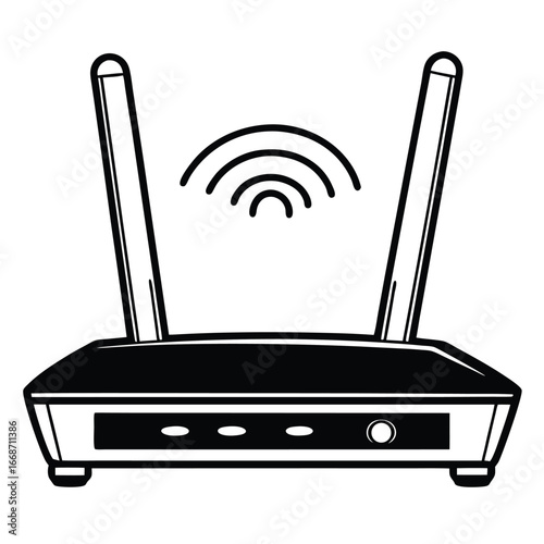 Wireless router with antennas emitting signals, set against a minimalistic background for tech use