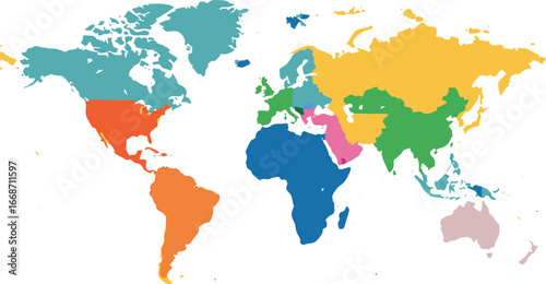 A stylized world map showcasing different regions in various colors. Useful for presentations, educational materials, or travel-related projects.