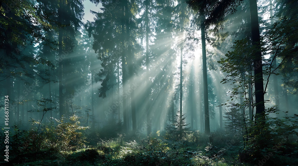 Obraz premium Sunlit Forest Canopy: The majestic sun's rays cascade through a dense forest canopy, illuminating a serene and atmospheric wilderness landscape.