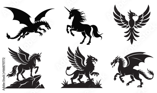 Mythical Creatures Silhouettes Majestic Dragon Unicorn Phoenix Pegasus Griffin Fantastic Beasts Drawn in Black and White Graphic Style