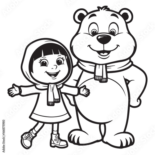 Vector art of adorable cartoon of a little girl in winter clothes hugging a cute bear, perfect for childrens illustrations and designs