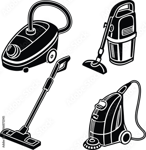 Collection of four distinct vacuum cleaner designs for cleaning homes and offices
