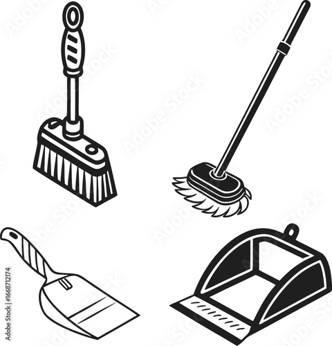 Collection of cleaning tools including dustpan brush and broom for home housekeeping tasks