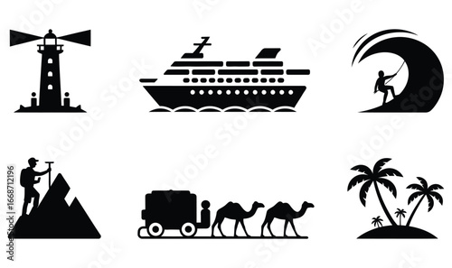 Diverse Travel and Adventure Icons Featuring Maritime Themes, Desert Caravans, Island Getaways, and Thrilling Mountain Expeditions for Versatile Visual Communication
