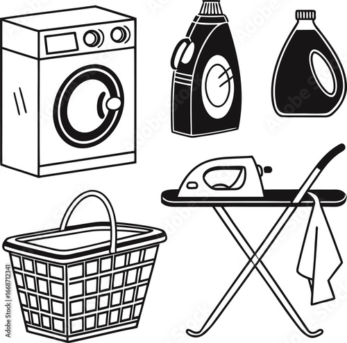 Home laundry essentials set washing machine basket ironing board detergent bottles