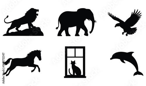 Silhouette Collection Majestic Animals and Domestic Scene featuring a Lion Elephant Eagle Horse Dolphin and Cat in a Window