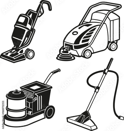 Collection of four cleaning machines including upright vacuum floor scrubber and canister vacuum