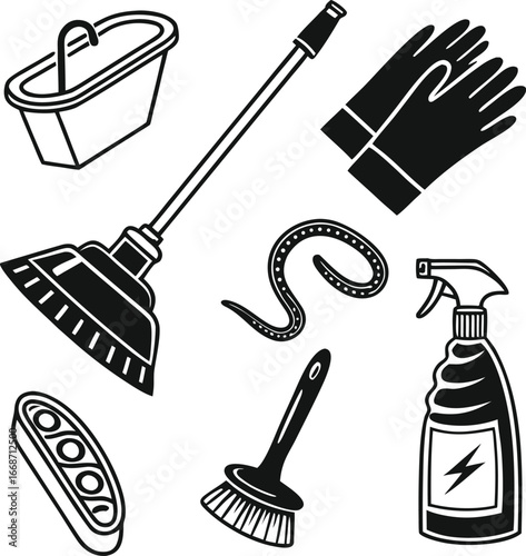 Hand-drawn cleaning supplies collection mop bucket gloves spray bottle brush sponge