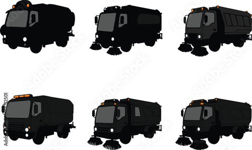 Street sweeper truck silhouette set, city cleaning vehicle, municipal service truck, garbage collection, road sweeper, sanitation equipment, black utility truck illustration, vector collection