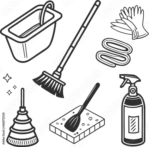 Hand drawn cleaning supplies set including broom sponge bucket gloves and spray bottle