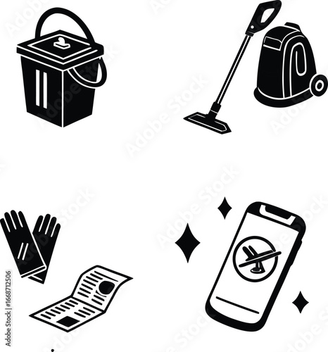 Cleanliness and hygiene icons set featuring bucket mop vacuum gloves and phone with airplane symbol