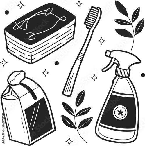 Hand drawn eco-friendly cleaning supplies and personal hygiene items doodle art