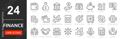 Finance thin line icon set. Saving, increasing and spending finances. Payments elements, budget, loan, bank, deposit, money, profit, piggy bank - stock vector.