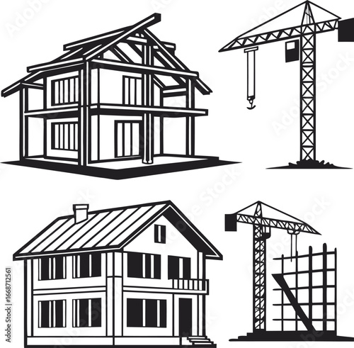 Construction project stages showing house building and cranes in different phases of work
