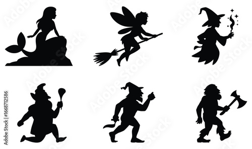 Silhouette Fantasy Characters Depicting Magical Creatures From Folklore and Fairy Tales, Including Mermaid, Fairy, Witch, Goblin, and Other Mysterious Beings