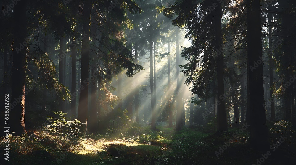 Obraz premium Forest Sunlight: Sunbeams filtering through the dense canopy illuminate a tranquil forest, painting a picture of serenity and the untouched beauty of nature.