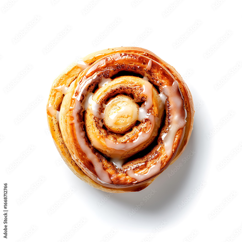 Fototapeta premium Top View of a Glazed Cinnamon Roll on White Background