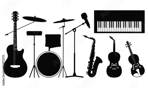 Musical Ensemble A Silhouette Symphony of Instruments Harmonizing in Visual Unity Creating a Captivating Composition