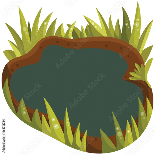 Dirty mud puddle swamp with stone grass cartoon style isolated vector illustration on white background