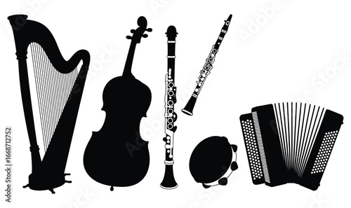Musical Instruments Harmony Black Silhouettes Featuring Harp, Violin, Clarinets, Tambourine, and Accordion Composition Ideal for Music Themed Designs