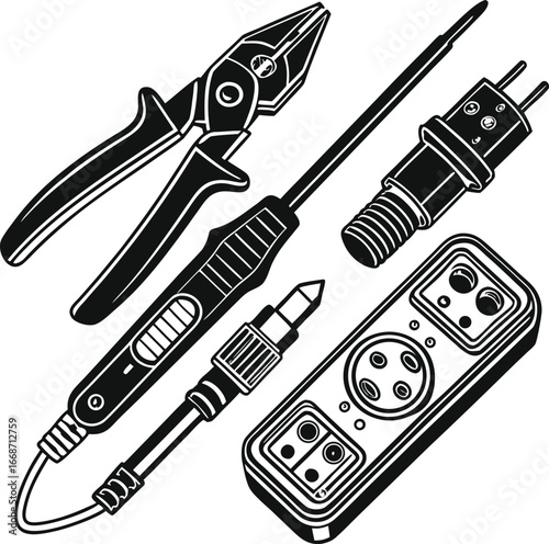Collection of electrical tools including pliers soldering iron plug and socket for electrical work.