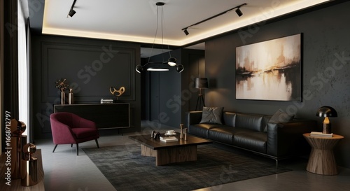 Elegant Noir Living Room Interior with Layered Lighting, a Leather Sofa, and a Burgundy Velvet Armchair