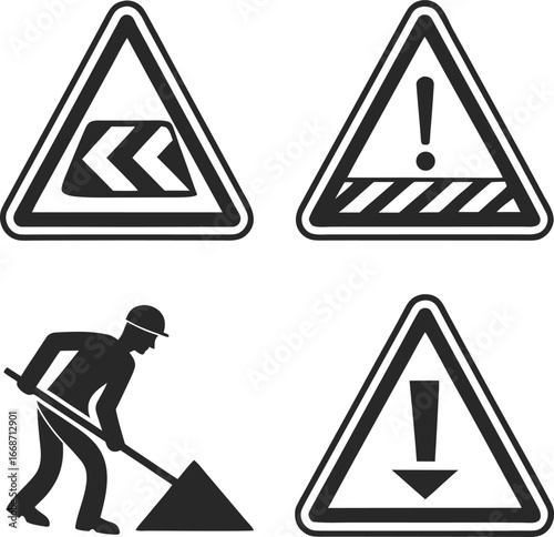 Set of four road hazard warning signs with symbols including worker and exclamation points