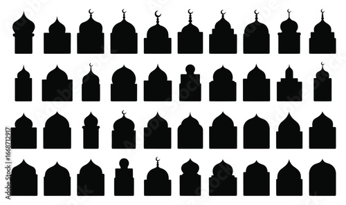 Silhouette Collection of Mosque Domes Islamic Architectural Designs for Cultural Celebration and Religious Observance in Elegant Black