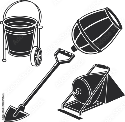 Collection of gardening and construction tools including a wheelbarrow cement mixer and shovel