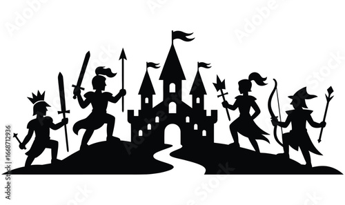 Silhouette Illustration of Medieval Kingdom with Brave Knights and Majestic Castle Defending Its Realm with Courage and Strength