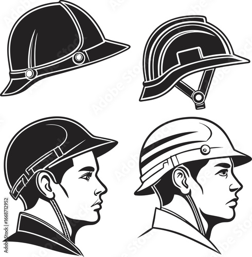 Diverse safety headwear collection featuring hard hats and worker profile views
