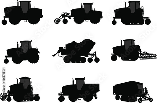 Tractor silhouettes, farming equipment, agricultural machinery, plowing, seeding, harvesting, combine harvester, black vector illustration, farm vehicle collection, modern agriculture tools design