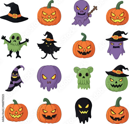 Halloween vector icon set with spooky characters