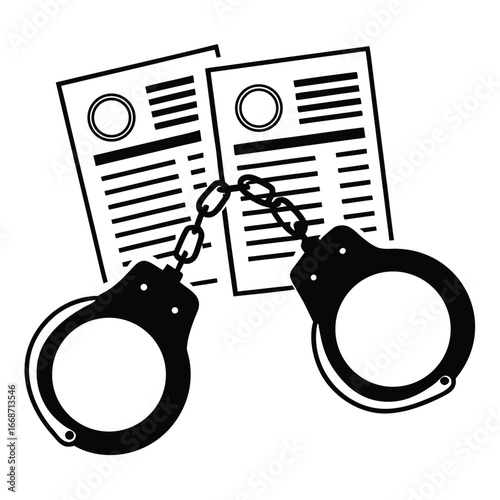 Handcuffs connected to legal documents, symbolizing law enforcement and justice