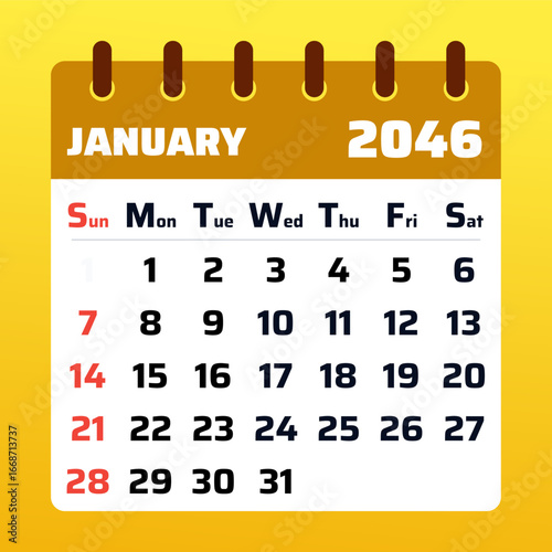 January 2046 calendar. Yellow calendar template. 2046 weekend sunday and saturday format. Monthly planner sheet. Date grid of january calendar 2046. Vector illustration
