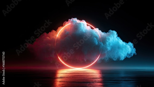 Glowing neon orange-red ring encircles a stylized blue and red cloud formation reflecting in dark water