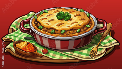   Very beautiful  Shepherd pie dish ready to eat on red cloth. Homemade meat pie with mashed potatoes vegetables. Delicious flavorful comfort food. Perfect meal for cozy 