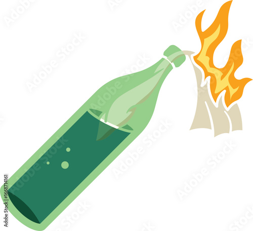 Molotov cocktail with flame green glass bottle