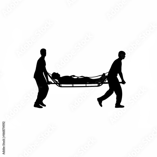 Silhouette of volunteers carrying sick person on stretcher isolated on white background